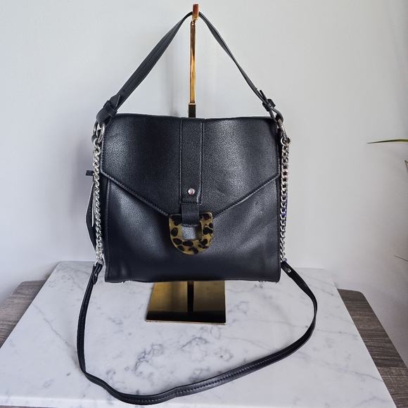 ZARA, New, Black Vegan Leather Tortoise Silver Chain Crossbody Handbag Purse - Picture 2 of 12